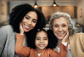 Image showing Kids, parents and grandparents with the portrait of a black family bonding together in their home. Children, love or relatives with a woman, senior grandmother and girl posing in the living room