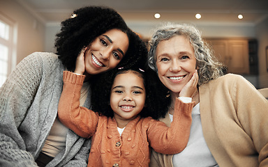 Image showing Children, women and grandparents with the portrait of a black family bonding together in their home. Kids, love or relatives with a parent, senior grandmother and girl relaxing in the living room