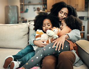 Image showing Family, sleep or children hug mother for Mothers Day, home bonding or embrace on living room couch. Care, love and relax mom or woman with female youth kids, girl or daughter resting on sofa