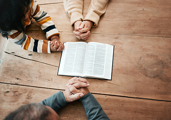 Image showing Bible, reading book or hands of grandma with children for worship, support or hope in Christianity for education. Kids siblings or grandmother studying, praying or learning God in religion together