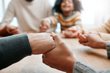 Image showing God, holding hands or big family praying for support or hope in Christian home for worship together. Mother, father or grandparents in prayer or asking Jesus Christ in religion with children or blur