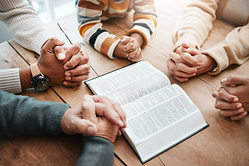 Image showing Bible, reading book or hands of big family praying for support or hope in Christian home for worship together. Mother, father or grandparents studying, prayer or asking God in religion with children