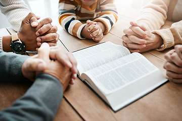 Image showing Bible, reading book or hands of big family in prayer, support or hope in Christian home for worship together. Mother, father or grandparents studying, praying or asking God in religion with children