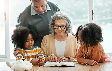 Image showing Bible, reading book or grandparents with children for learning, support or hope in Christianity education. Wellness, old man or grandmother studying or teaching kids siblings God in religion together