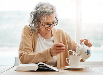 Image showing Reading book, tea or funny old woman with smile or hope in Christianity belief or faith relaxing. Bible, laugh or happy catholic senior person studying or learning God in spiritual religion or info