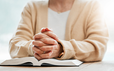 Image showing Bible, praying or hands of old woman in prayer reading book for holy worship, support or hope in Christianity or faith. Relax, zoom or elderly person studying or learning God in spiritual religion