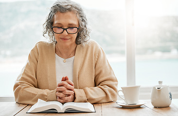 Image showing Bible, reading book or senior woman in prayer for holy worship, support or hope in Christianity or faith. Praying, tea or catholic elderly person studying or learning God in spiritual religion alone