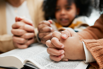 Image showing Bible, hands or mother praying with kid siblings for prayer, support or hope together in Christianity. Children education, family worship or woman studying, reading book or learning God in religion