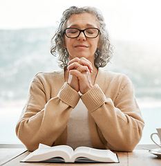 Image showing Bible, praying or senior woman in prayer reading book for holy worship, support or hope in Christianity or faith. Relax, meditation or elderly person studying or learning God in spiritual religion