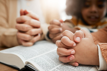 Image showing Bible, praying or hands of woman with children siblings for worship, support or hope in Christianity. Kids education, prayer or mother studying, reading book or learning God gospel in religion blur