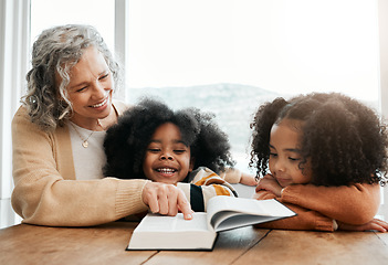 Image showing Bible, reading book or happy grandmother with children siblings for worship, support or hope in Christianity. Young kids education, prayer or old woman studying, praying or learning God in religion