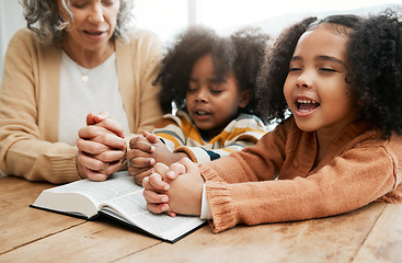 Image showing Bible, worship or grandmother praying with kids or siblings for prayer, support or hope in Christianity. Children education, family or old woman studying, reading book or learning God in religion