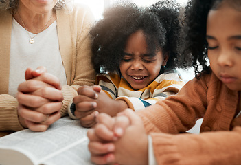 Image showing Bible, prayer or hands of grandmother with kids or siblings for worship, support or hope in Christianity. Children education, praying or old woman studying, reading book or learning God in religion