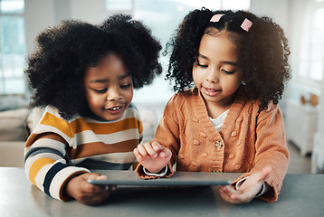 Image showing Home, tablet and happy children in online education, fun games and watching internet cartoon or video together. Biracial family kids, siblings or friends on digital technology, app or movie streaming