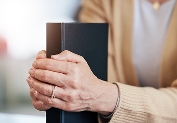 Image showing Bible book, prayer or hands of old woman for holy worship, support or hope in Christianity or faith. Believe, zoom or catholic senior person studying or learning God in spiritual text in religion