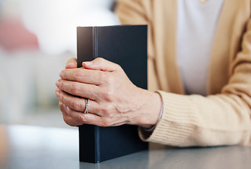 Image showing Bible book, praying or hands of old woman for holy prayer, support or hope in Christianity or faith. Believe, zoom or catholic senior person studying or learning God in spiritual text in religion