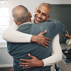 Image showing Family, hug or son with senior father for Fathers Day love, home bond or embrace in modern kitchen. Smile, happiness or support care from Mexico dad, papa or man in emotional reunion with male in law