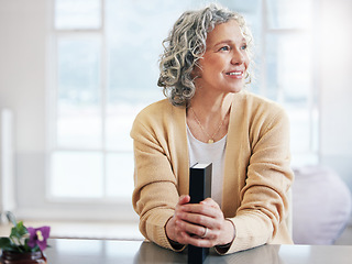 Image showing Bible book, happy or thinking old woman for holy worship, support or hope in Christianity or faith. Believe, prayer or senior person studying, praying or learning God in spiritual text in religion