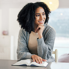 Image showing Happy woman, bible book or thinking of hope, motivation or ideas in Christianity religion or holy faith. Thoughtful smile, prayer or girl studying or worshipping God in spiritual literature at home