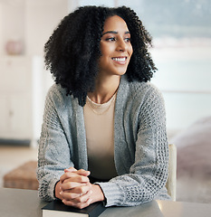 Image showing Thinking girl, bible book or praying for hope, help or support in Christianity religion with faith at home. Thoughtful smile, prayer or happy woman studying or worshipping God in spiritual literature