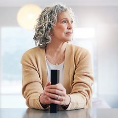 Image showing Bible book, worried or thinking old woman for holy worship, support or hope in Christianity or faith. Believe, anxiety or catholic senior person studying or learning God in spiritual text in religion