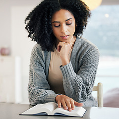 Image showing Bible, reading book or praying woman with hope, help or support in Christianity religion with faith at home. Focus, holy prayer or girl worshipping, learning or studying God in spiritual literature