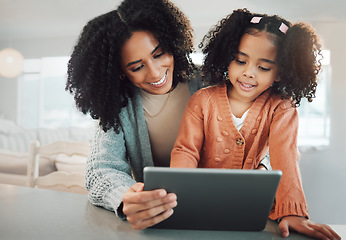 Image showing Tablet, happy family mother and kid online e learning, remote education or child development on home school technology. Elearning study, parent and youth kindergarten student with knowledge software