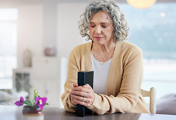 Image showing Praying, senior woman and holy book for religion, faith and god help, support and spiritual healing at home. Prayer, gratitude and christian or elderly person with bible for hope, trust and worship