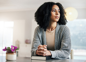 Image showing Woman thinking, bible book or praying for hope, help or support in Christianity religion or holy faith. Thoughtful, prayer or girl studying, dream or worshipping God in spiritual literature at home