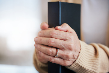 Image showing Bible book, worship or hands of old woman for holy prayer, support or hope in Christianity or faith. Believe, zoom or catholic senior person praying to God in spiritual text in religion or home