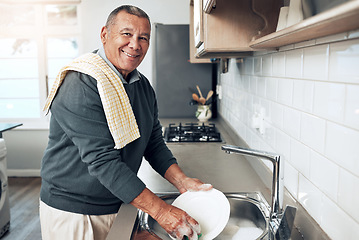 Image showing Cleaning, washing dishes or portrait of happy old man with soap water in kitchen sink in healthy home. Dirty, smile or senior male with liquid foam to disinfect, protect or prevent bacteria or germs