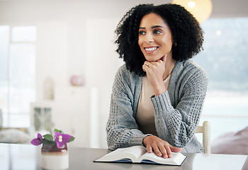 Image showing Smile of woman, bible book or thinking of hope, motivation or ideas in Christianity religion or holy faith. Happy home, prayer or thoughtful girl studying or worshipping God in spiritual literature