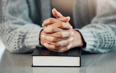 Image showing Bible book, old man or praying for hope, help or support in Christianity religion or holy faith on table. Believe, prayer or person studying or worshipping God in spiritual literature at home