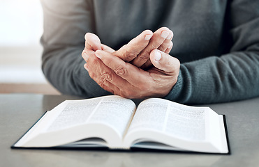 Image showing Bible, reading book or old man praying for hope, help or support in Christianity religion or holy faith. Believe, prayer or senior person studying or worshipping God in spiritual literature at home