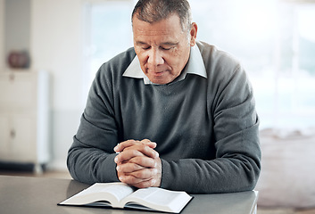 Image showing Bible, reading book or old man praying for hope, help or support in Christianity religion or holy faith. Believe, prayer or senior person studying or worshipping God in spiritual literature at home