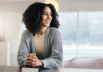 Image showing Thinking happy woman, bible book or praying for hope, help or support in Christianity religion or holy faith. Smile, prayer or girl studying, dream or worshipping God in spiritual literature at home