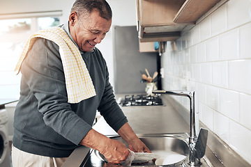 Image showing Cleaning, washing dishes or happy old man with soap and water in the kitchen sink in healthy home. Dirty, messy or senior person with liquid foam to disinfect, protect and prevent bacteria or germs