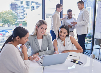 Image showing Planning meeting, laptop and strategy team communication, discussion or conversation about brand design idea. Collaboration, teamwork and business people working, consulting or talking about project