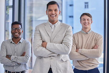 Image showing Portrait, business people and diversity men with arms crossed for office management, happiness and pride. Happy group, teamwork and employees smile in collaboration, corporate partnership and trust