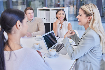 Image showing Leader planning meeting, woman and team strategy communication, discussion or conversation over financial sales. Group collaboration, project management or business people work, consulting or talking