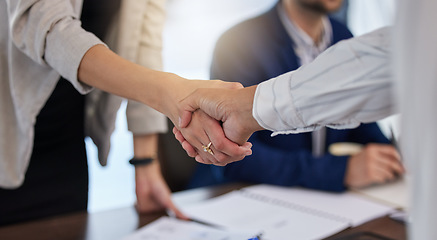 Image showing B2b, shaking hands and thank you handshake of a corporate worker in a office. Business deal, partnership and we are hiring gesture with a female hr manager ready for onboarding welcome with trust