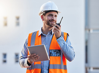 Image showing Walkie talkie of construction worker man for project management, planning or communication on tablet workflow. Architecture, contractor or happy engineering person with 5g tech for industrial update