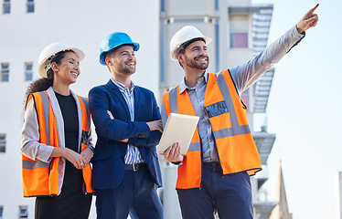 Image showing Engineering people pointing for outdoor planning, teamwork or collaboration at building construction site or development. Architecture, property and business contractor or industry person with group