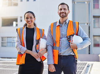 Image showing Team portrait of engineering people in outdoor, construction site, development or project management mindset. Architecture, diversity and builder woman with partner, building and industry leadership