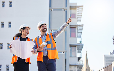 Image showing Engineering people pointing and blueprint for planning, teamwork or collaboration at construction site. Architecture project, floor plan and contractor or partner show city building development