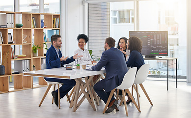Image showing Financial, meeting and business people in office teamwork, collaboration and problem solving, budget or discussion. Conversation, team and accounting experts planning strategy, goal and growth plan