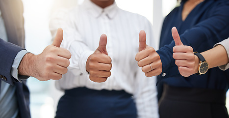 Image showing Hands, closeup and business people with thumbs up in office for thank you, partnership or success. Zoom, hand and finger emoji by team of professional employees showing support, yes or join us symbol