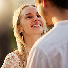 Image showing Couple, love and face of woman in nature at sunset for romance, bonding and quality time together outdoors. Love, dating and man and girl on romantic holiday, honeymoon vacation and relax on weekend