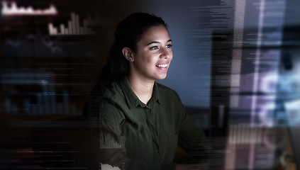 Image showing Smile, hologram screen and woman on computer in office for finance analysis, fintech and online data at night. Technology overlay, happy and female worker on pc for research, networking and analytics