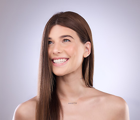 Image showing Idea, face smile and hair care of woman in studio isolated on a gray background. Natural cosmetics, thinking and happy female model with salon treatment for healthy keratin, beauty and hairstyle.